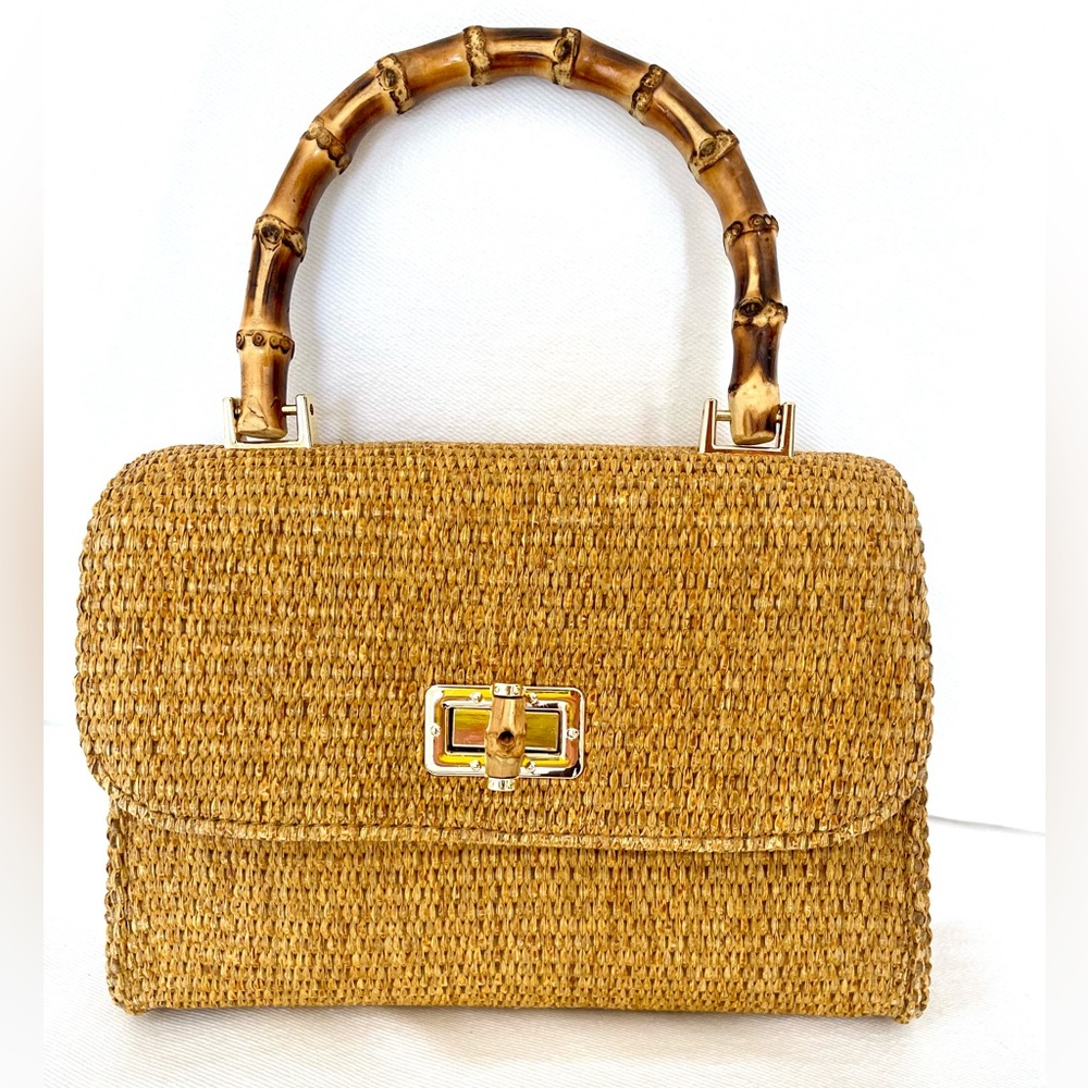 Elegant Tan Woven Handbag with Bamboo Handle 9”L x 6.5”H x 3”D